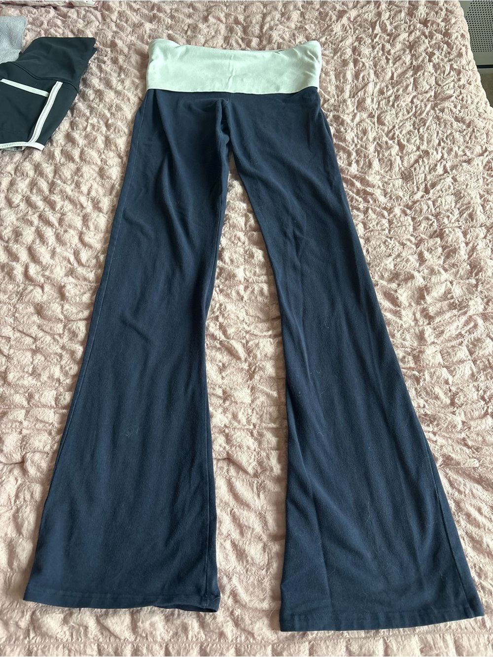 John Galt Brandy Fold-Over Waist Flared Yoga Pants - Navy with Cream Waist